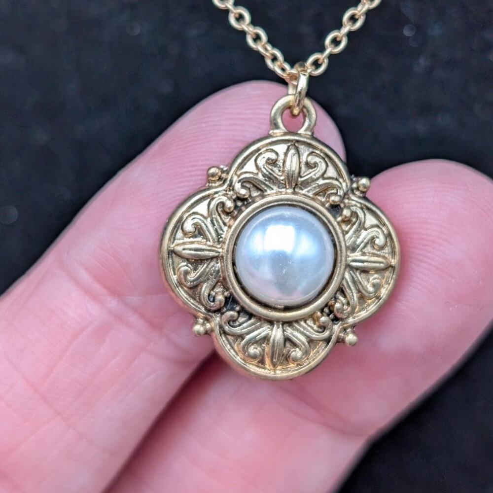 Pomina Necklace Earrings Set Filigree Faux Pearl Lead Compliant USA Design